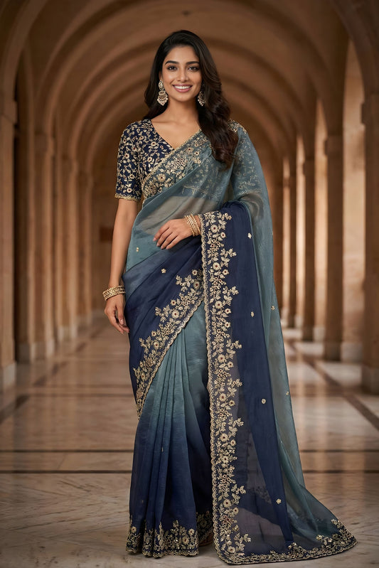 Teal Blue Ombre Organza Saree with Heavy Zari Embroidered Border
