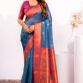 Sky Blue Paithani Silk Saree with Pink Zari Border and Traditional
