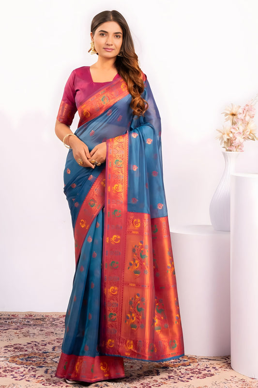 Sky Blue Paithani Silk Saree with Pink Zari Border and Traditional