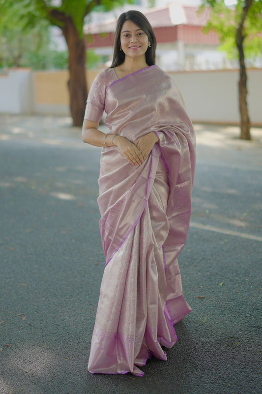 Lavender Pink Banarasi Silk Saree Floral Zari Weaving Border