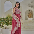 Rose Pink Georgette Saree Heavy Embroidered Border Designer Blouse