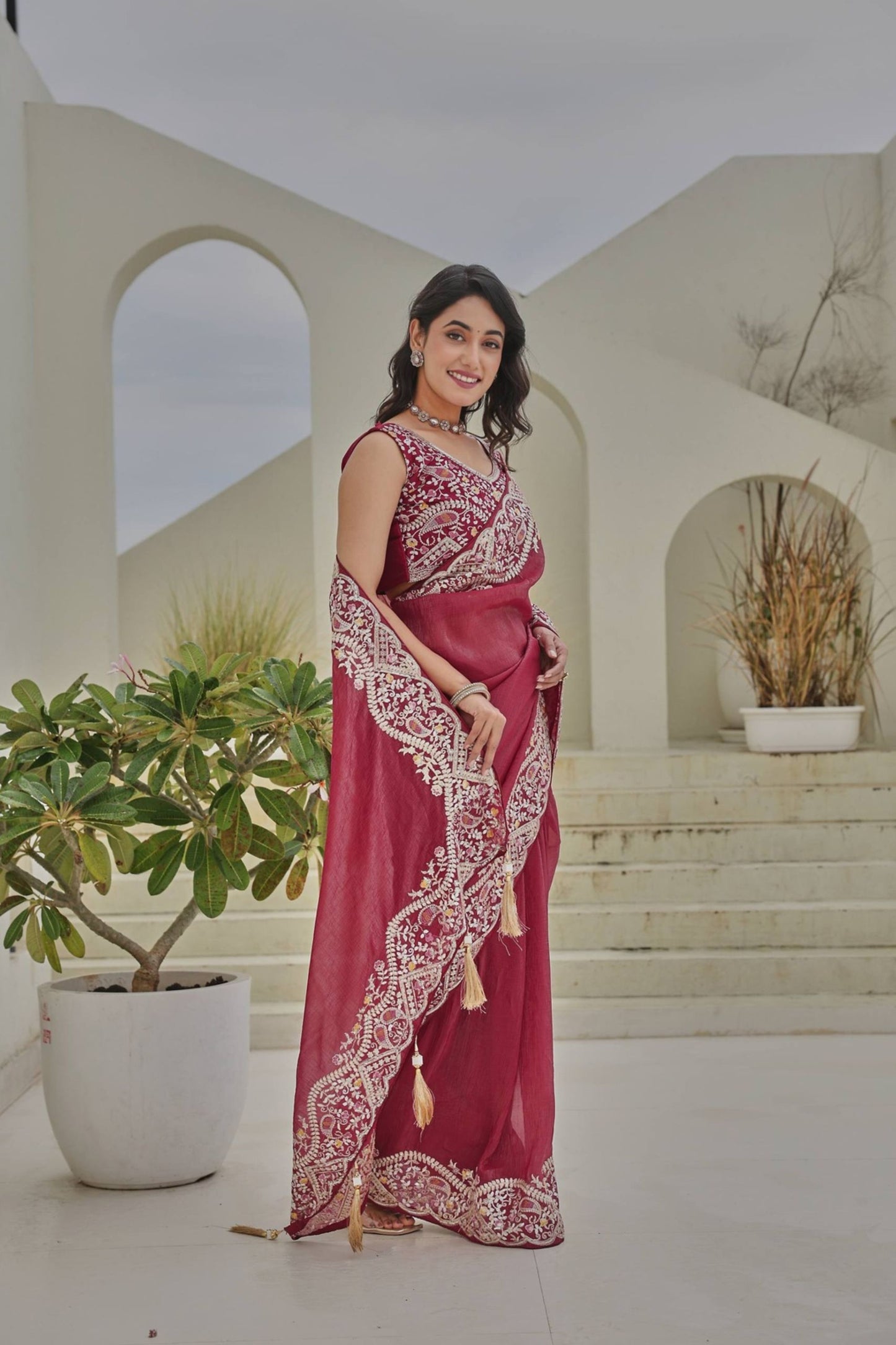Rose Pink Georgette Saree Heavy Embroidered Border Designer Blouse