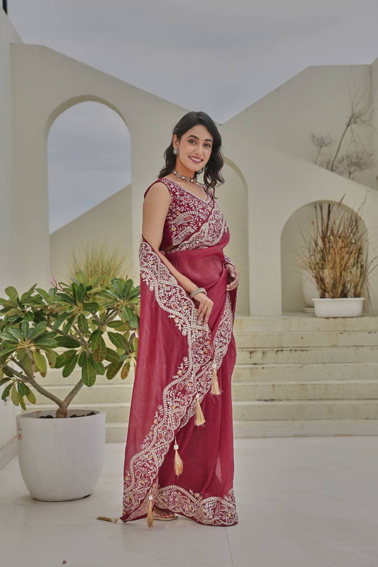 Rose Pink Georgette Saree Heavy Embroidered Border Designer Blouse