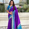 Purple Saree with Blue Contrast Border Traditional Printed Design