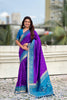 Purple Saree with Blue Contrast Border Traditional Printed Design