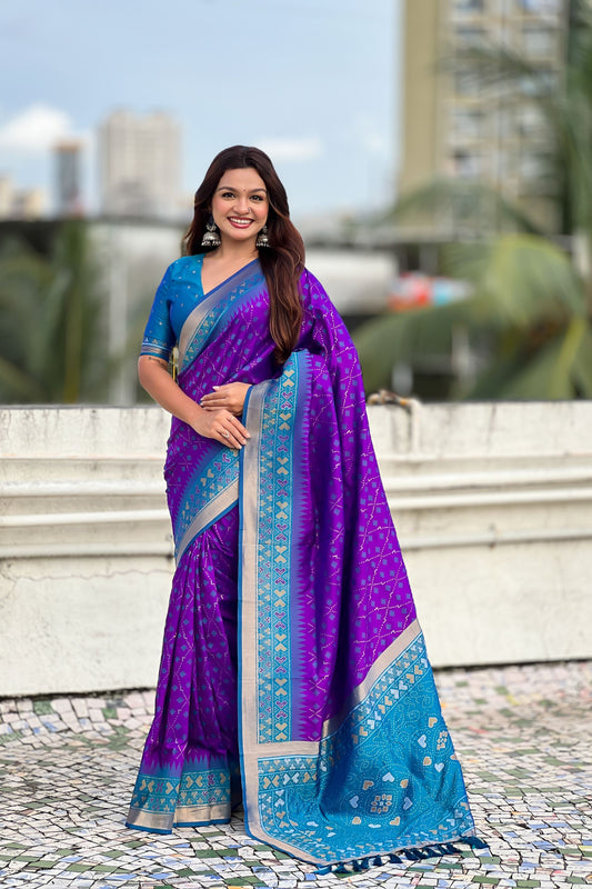 Purple Saree with Blue Contrast Border Traditional Printed Design