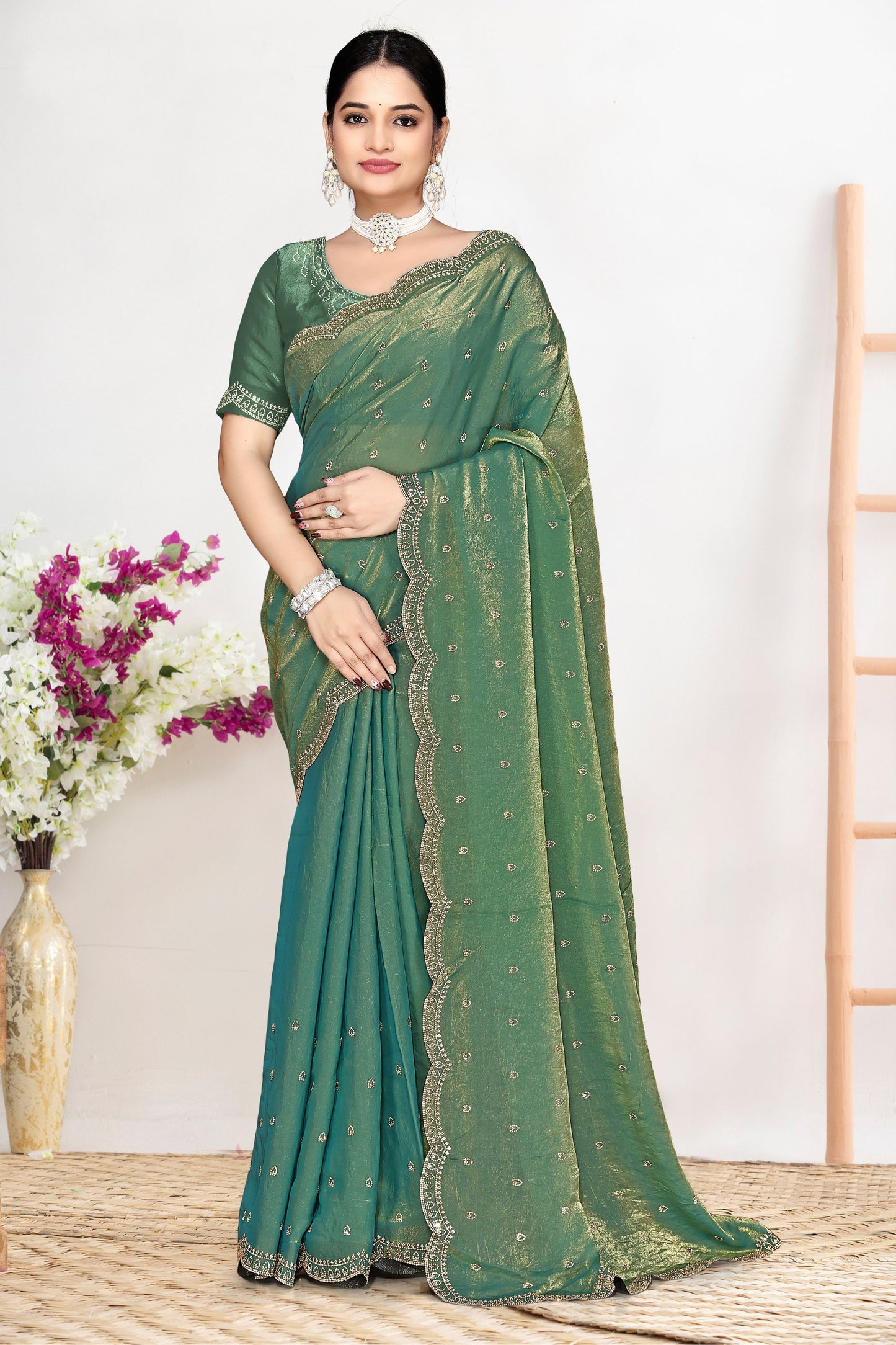 Sea Green Dual Tone Silk Saree Zari Embroidered Border Buti Work