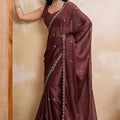 Wine Brown Georgette Saree with Silver Zari Border Butti Work