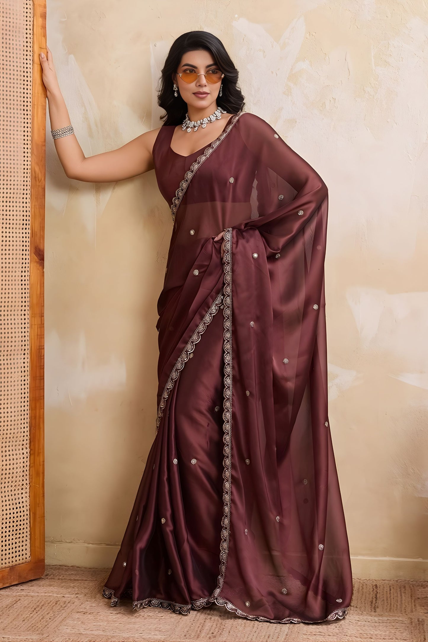 Wine Brown Georgette Saree with Silver Zari Border Butti Work