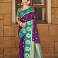Royal Purple Teal Green Kanjivaram Silk Saree Gold Zari Peacock Motif Border 