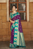 Royal Purple Teal Green Kanjivaram Silk Saree Gold Zari Peacock Motif Border 