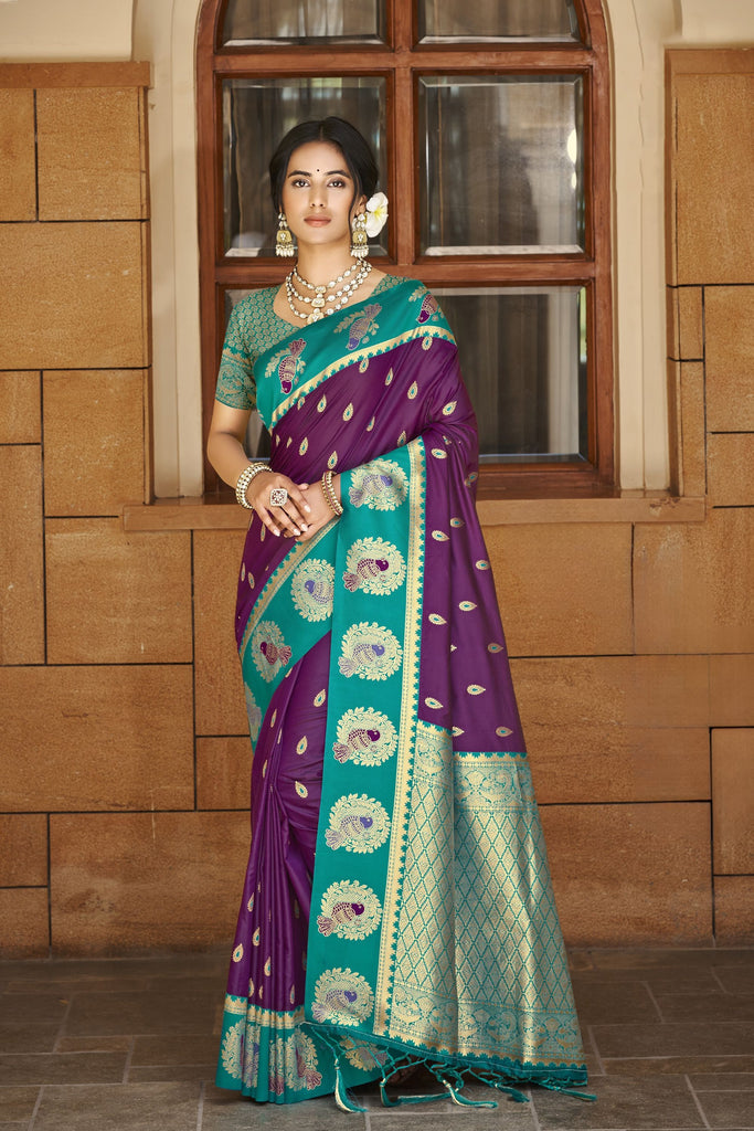 Royal Purple Teal Green Kanjivaram Silk Saree Gold Zari Peacock Motif Border 