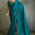 Teal Green Chiffon Saree with Zari Border Embroidered Blouse
