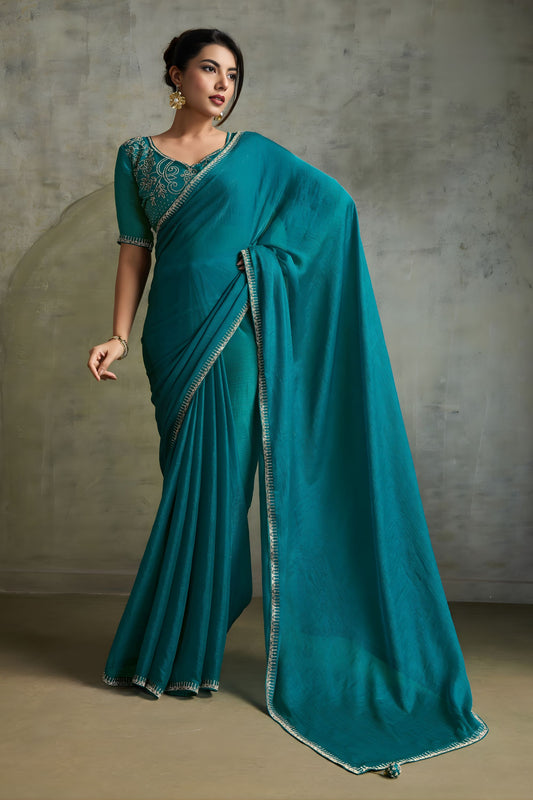 Teal Green Chiffon Saree with Zari Border Embroidered Blouse