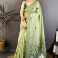Elegant Pistachio Green Linen Cotton Saree Floral Print Pallu