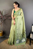 Elegant Pistachio Green Linen Cotton Saree Floral Print Pallu