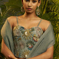 Sage Grey Crushed Tissue Saree Designer Floral Printed Blouse