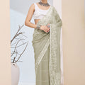 Elegant Sage Green Floral Printed Saree  Party Wear Saree