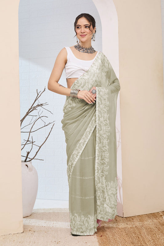 Elegant Sage Green Floral Printed Saree  Party Wear Saree