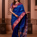 Royal Blue Paithani Silk Saree with Contrast Pink Zari Border
