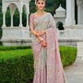 Premium Pink Grey Embroidered Silk Saree Festive Wear
