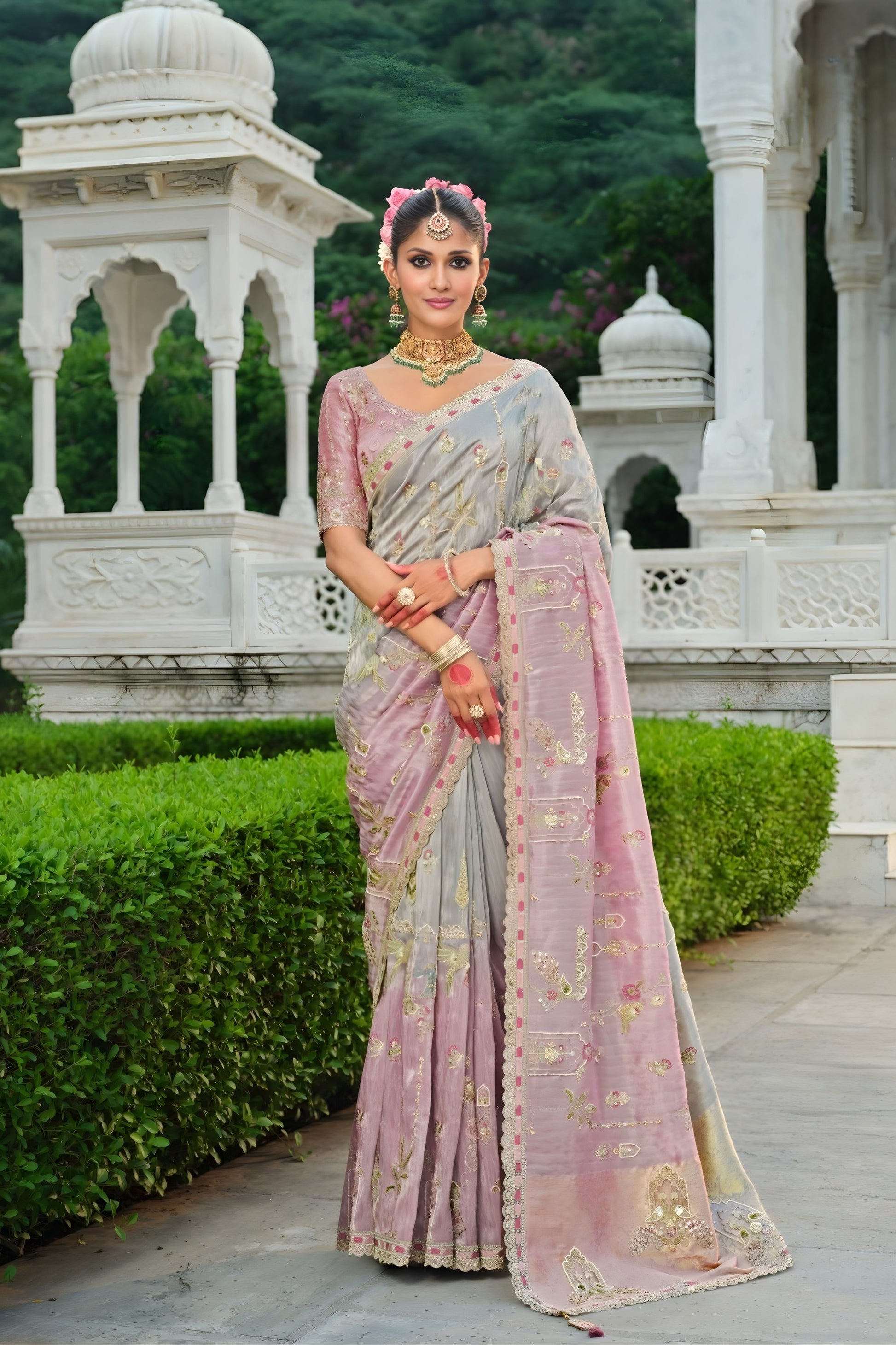 Premium Pink Grey Embroidered Silk Saree Festive Wear
