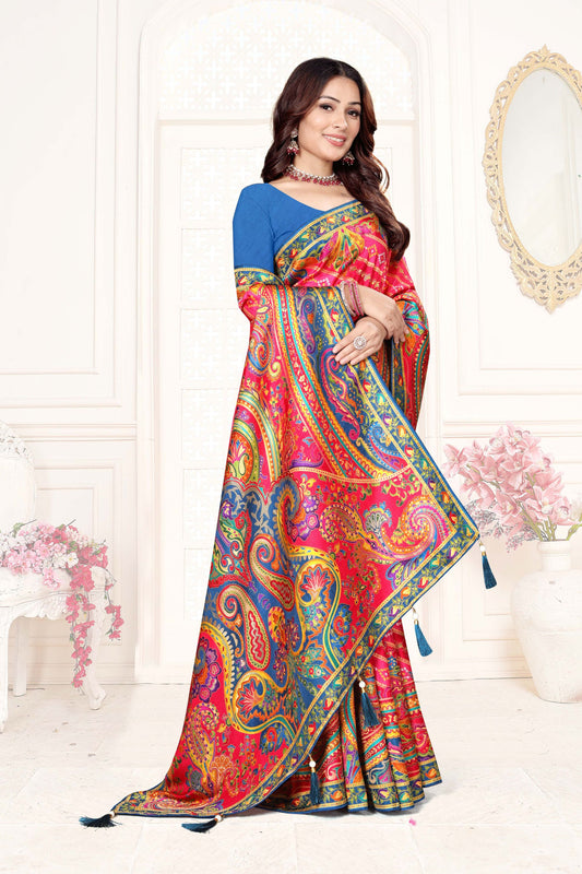 Rani Pink Multicolor Printed Saree with Designer Saree