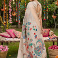 Beige Linen Silk Saree Multicolor Peacock Floral Print Zari Border