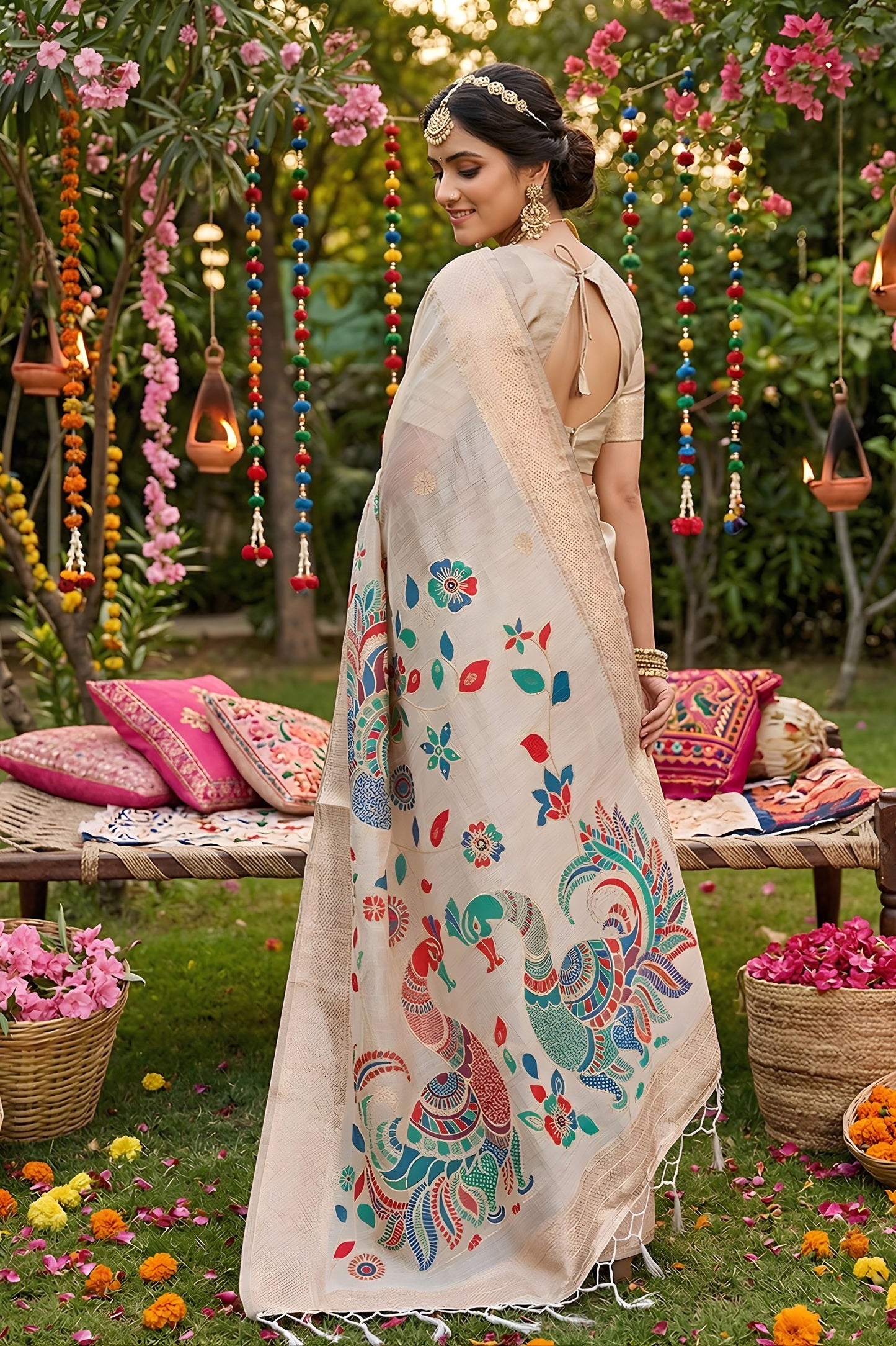 Beige Linen Silk Saree Multicolor Peacock Floral Print Zari Border