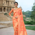 Peach Orange Banarasi Silk Saree Gold Floral Zari Weaving Traditional Wear