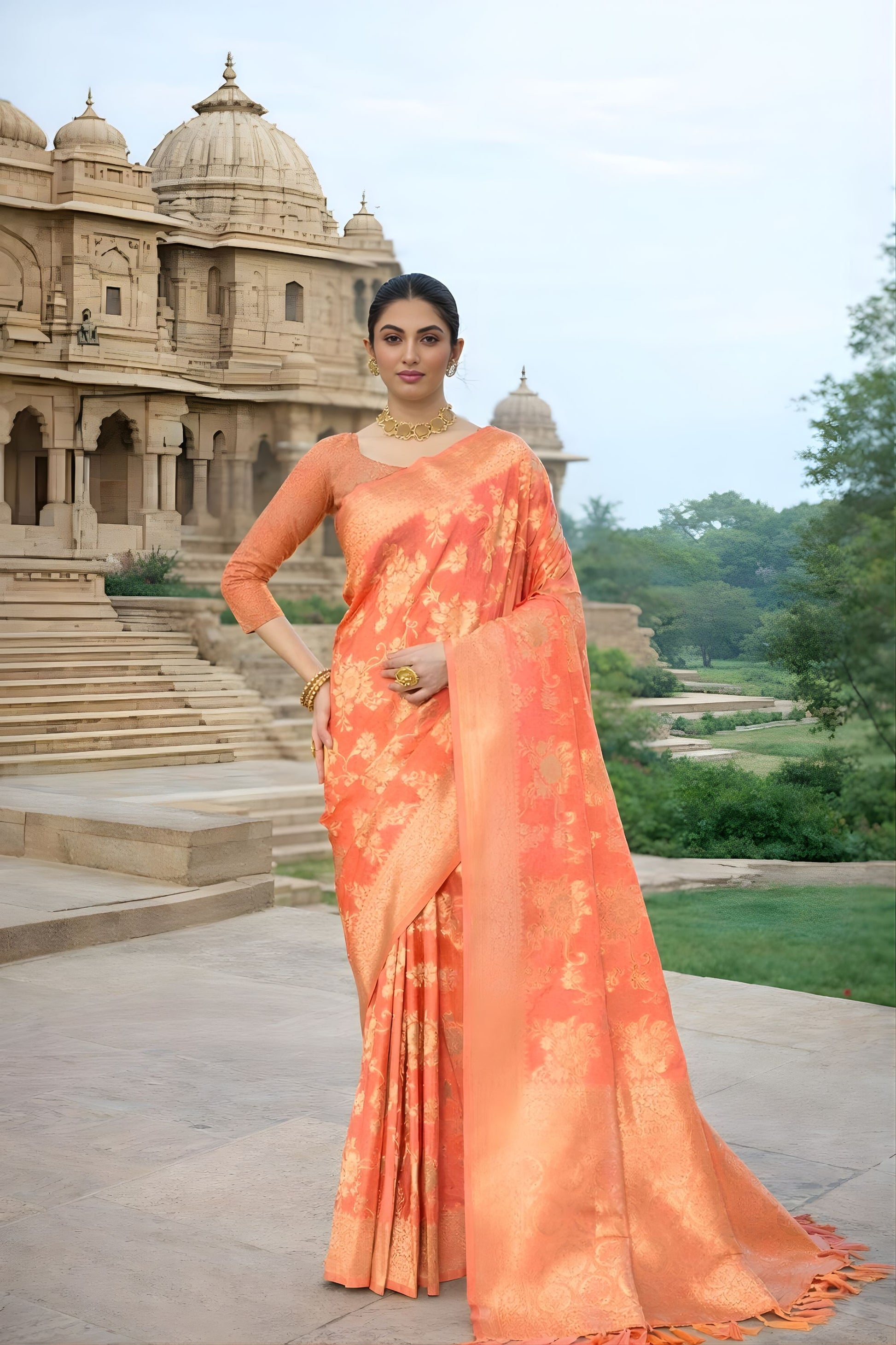 Peach Orange Banarasi Silk Saree Gold Floral Zari Weaving Traditional Wear