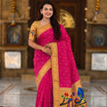 Rani Pink Cotton Silk Saree Golden Border Peacock Floral Designer Pallu