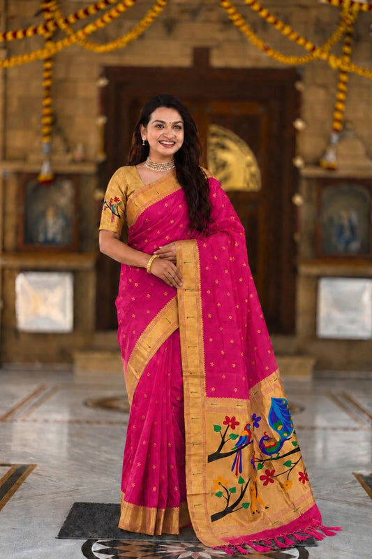 Rani Pink Cotton Silk Saree Golden Border Peacock Floral Designer Pallu