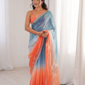 Sky Blue Coral Peach Ombre Organza Saree Embroidered Border 