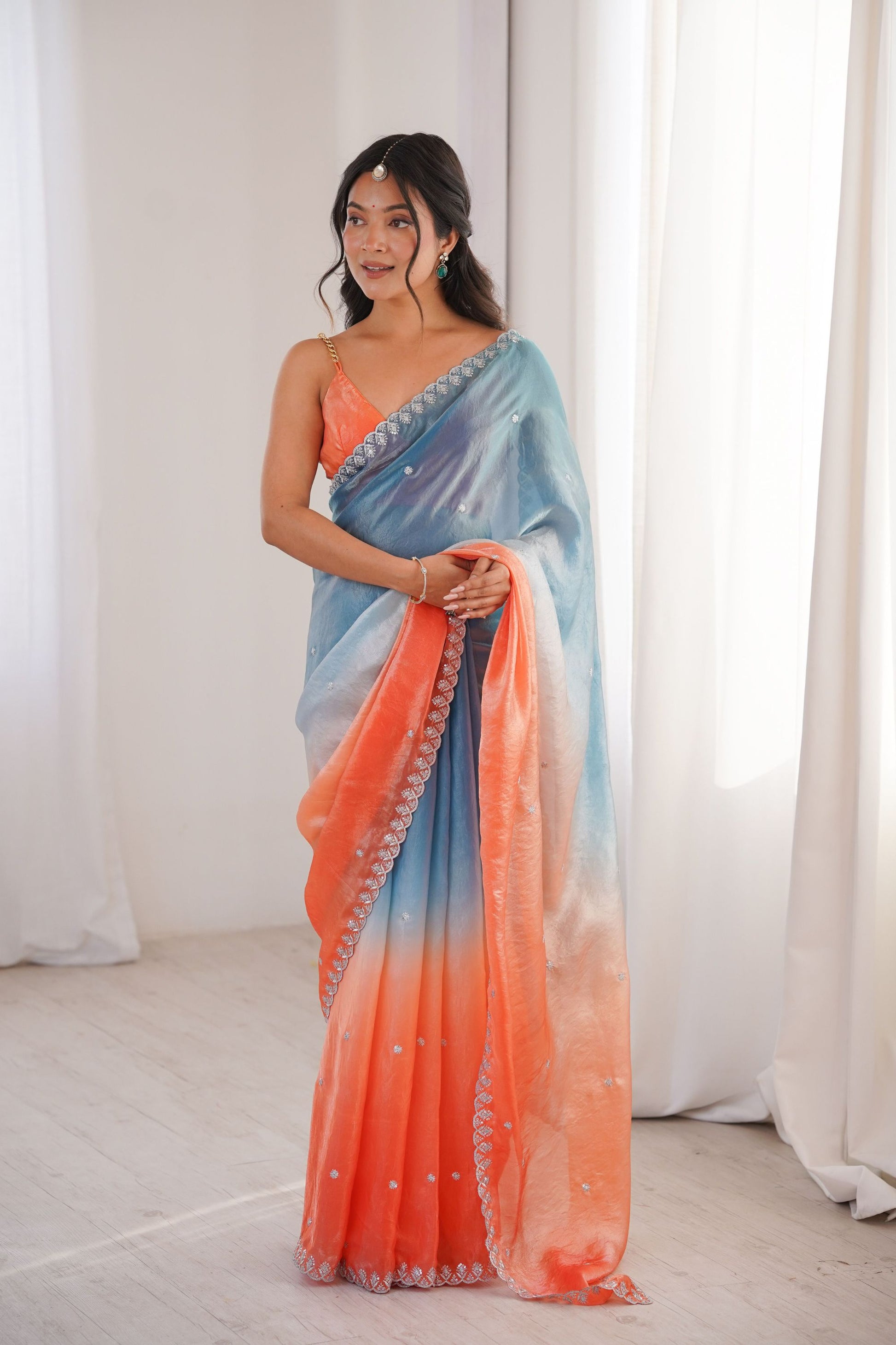 Sky Blue Coral Peach Ombre Organza Saree Embroidered Border 