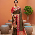Olive Green Silk Saree Red Contrast Border Zari Weaving Festive Wear