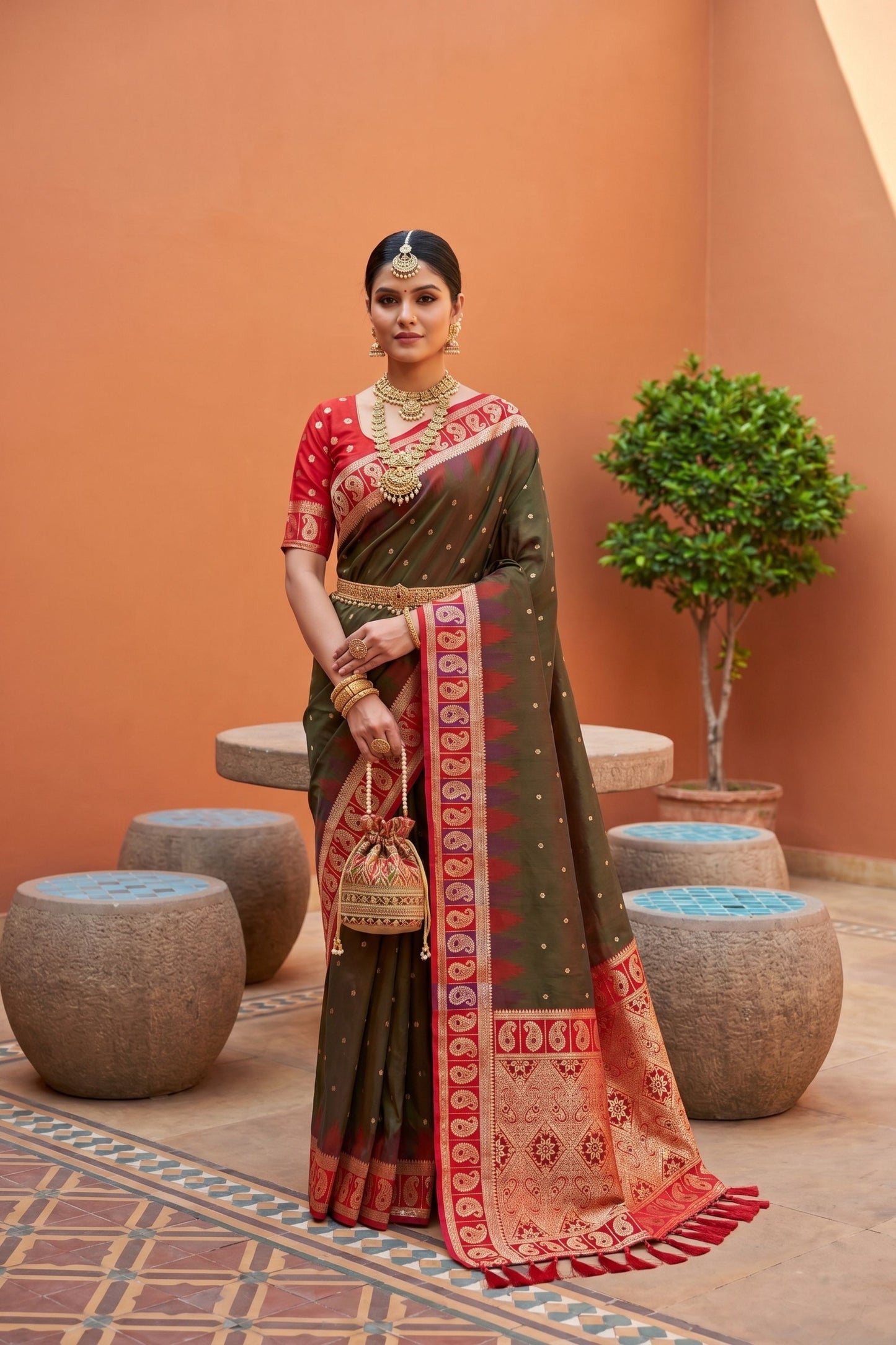 Olive Green Silk Saree Red Contrast Border Zari Weaving Festive Wear