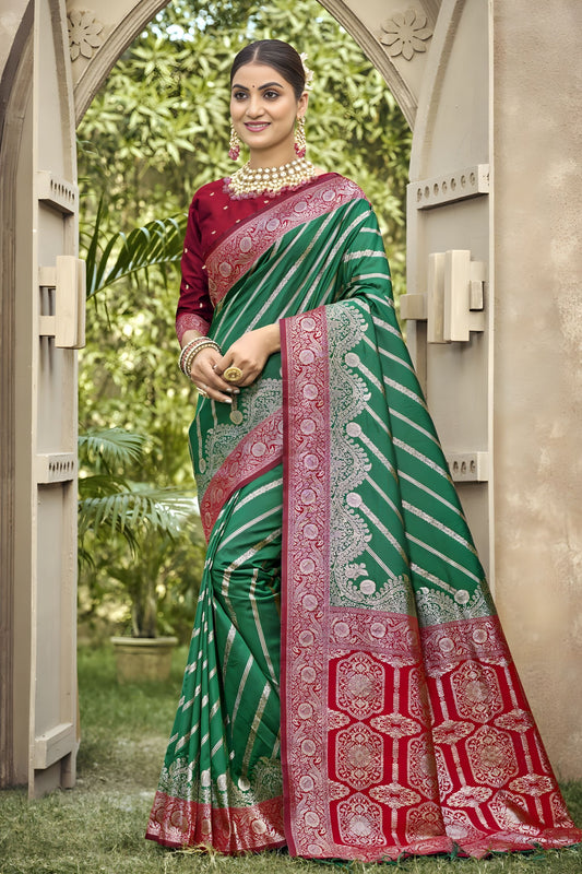 Green Banarasi Silk Saree Red Zari Border Traditional Saree