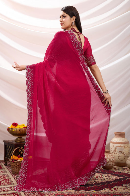 Designer Rani Pink Georgette Saree with Embroidered Border Blouse