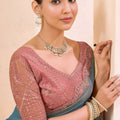 Dusty Blue Silk Saree with Pink Designer Embroidered Border