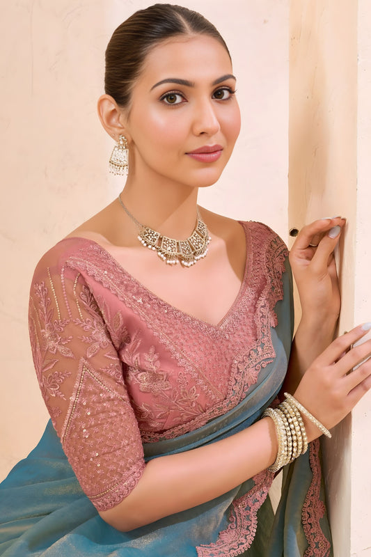 Dusty Blue Silk Saree with Pink Designer Embroidered Border