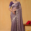 Lavender Organza Silk Saree Floral Embroidered Border Designer Blouse 