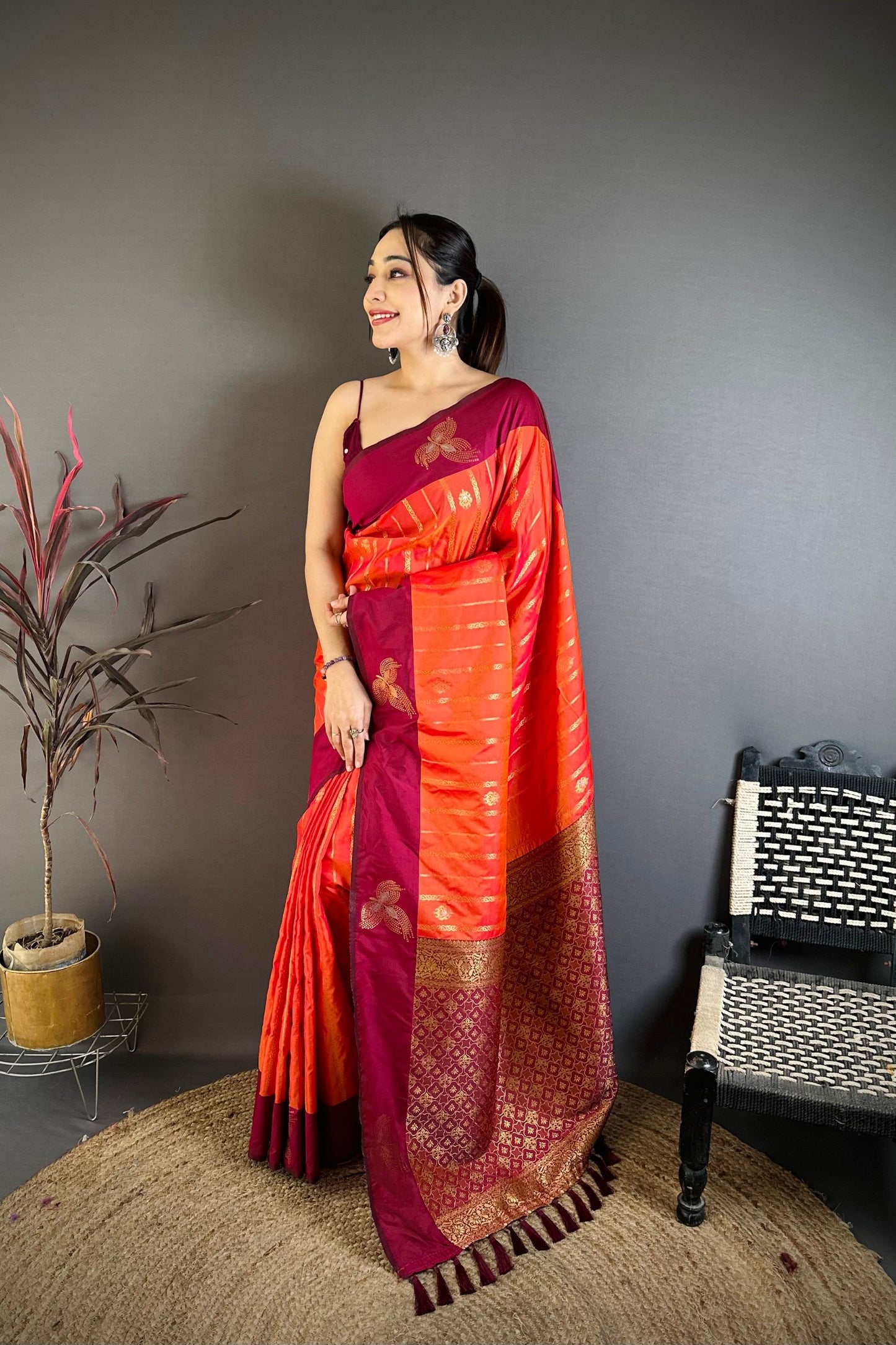 Orange and Magenta Banarasi Silk Saree with Rich Zari Weaving Saree