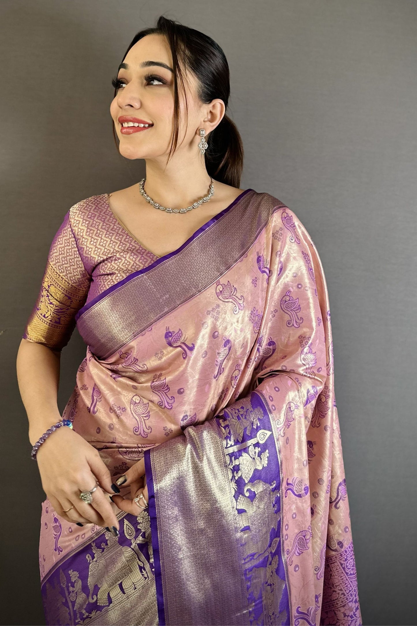 Pink Purple Kanjivaram Silk Saree Traditional Zari Woven Saree