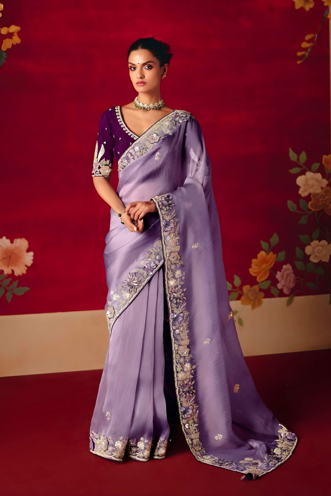 Designer Lavender Silk Saree with Heavy Embroidery Border