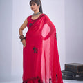 Rani Pink Organza Silk Saree Black Floral Embroidery Designer Blouse