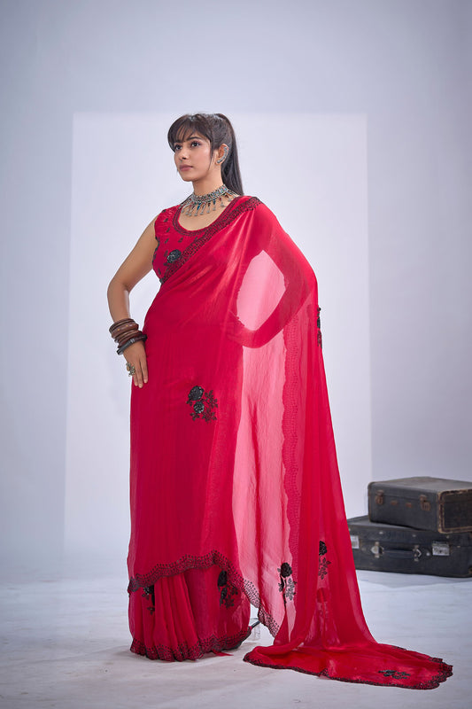 Rani Pink Organza Silk Saree Black Floral Embroidery Designer Blouse