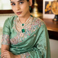 Sage Green Embroidered Satin Silk Saree Floral Designer Border