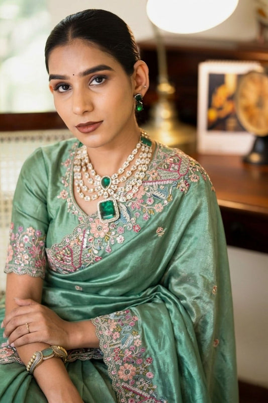 Sage Green Embroidered Satin Silk Saree Floral Designer Border
