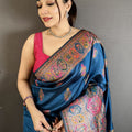 Royal Navy Blue Kashmiri Printed Satin Silk Saree with Designer Border